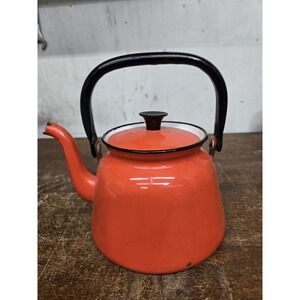 Vintage Huta Silesia Poland Orange Enamelware Tea Kettle Teapot Retro MCM